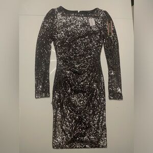 Sequined Long Sleeve Party Dress - Black/Bronze